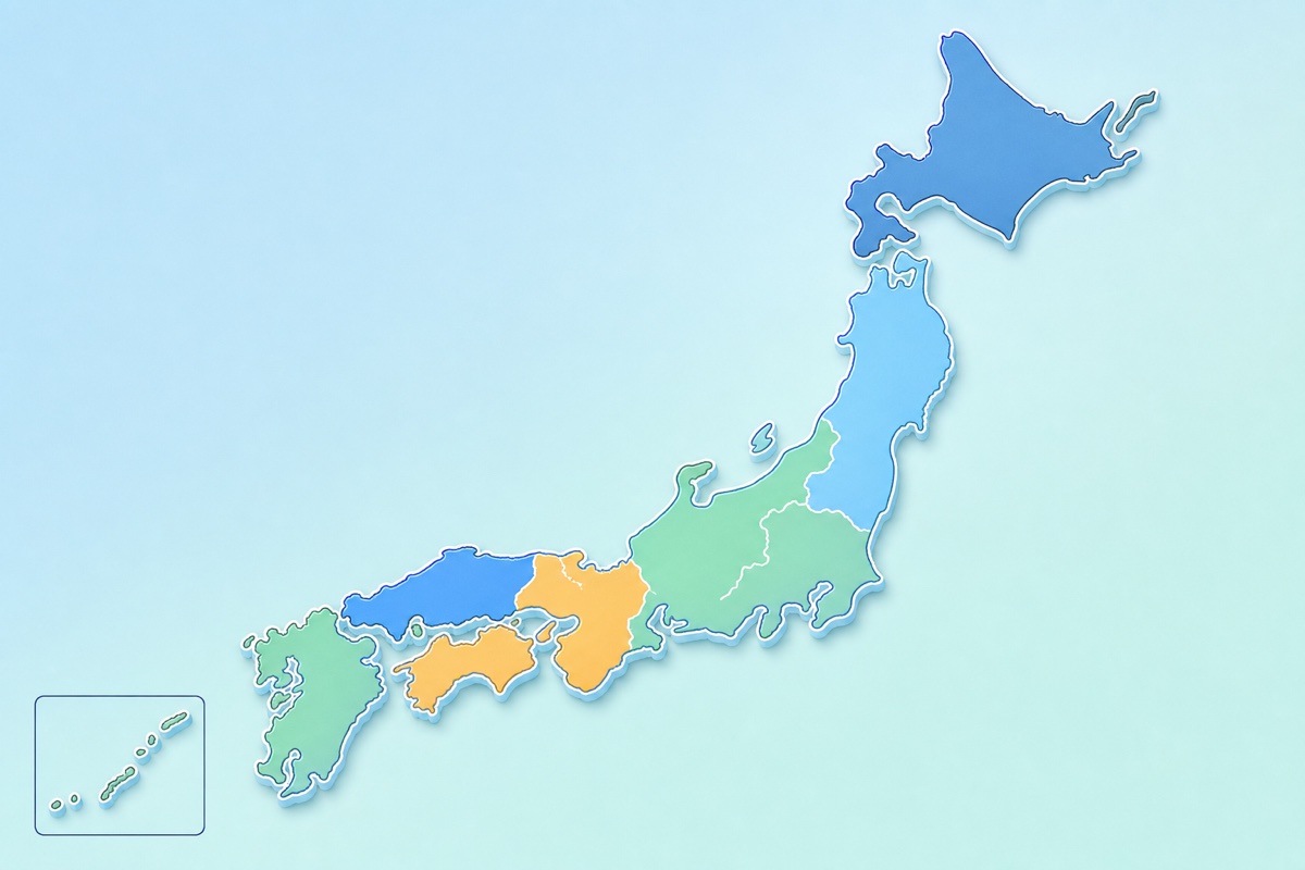 北海道から沖縄までの日本列島を地域別に色分けしたイラスト
