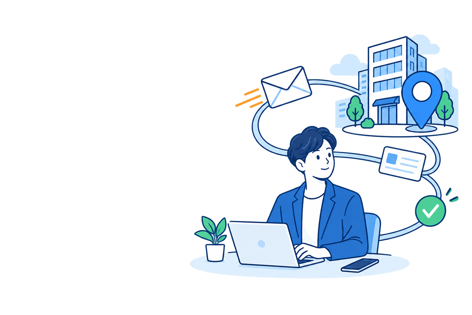 ノートパソコンで住所や郵便サービスを比較する人の線画イラスト